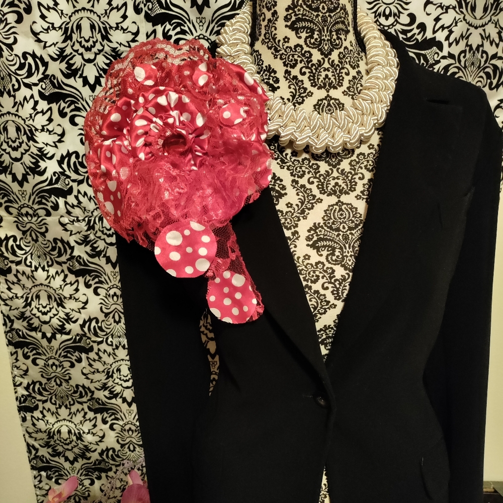 Large red and white polka dot and lace handmade flower pin corsage